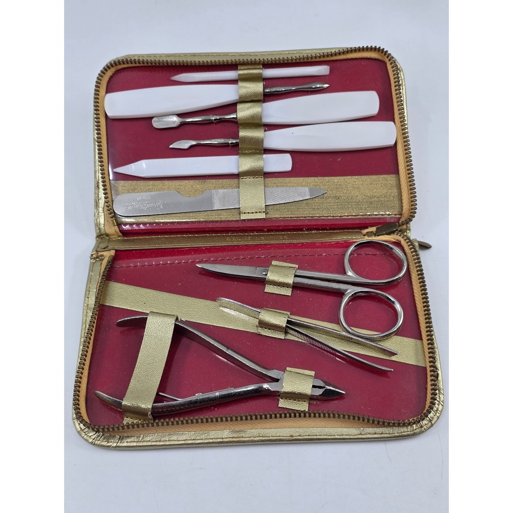 Vintage Special Triple Cut Germany Manicure Set Gold Zip Case 9 Piece Red Lining